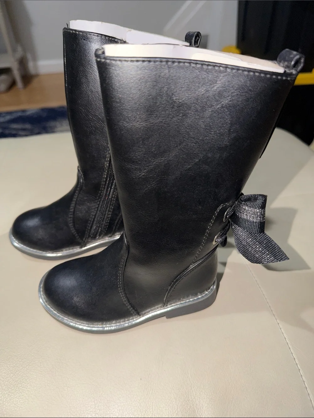 Kids Black Bow-Accent Mid-Calf Boots